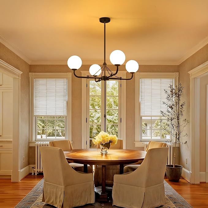 4 Lights Black Chandelier, Mid Century Modern Chandeliers for Dining Room, Hanging Sputnik Light Fixture for Living Room Kitchen Island Foyer Bedroom, Milk White Globe Glass Shade