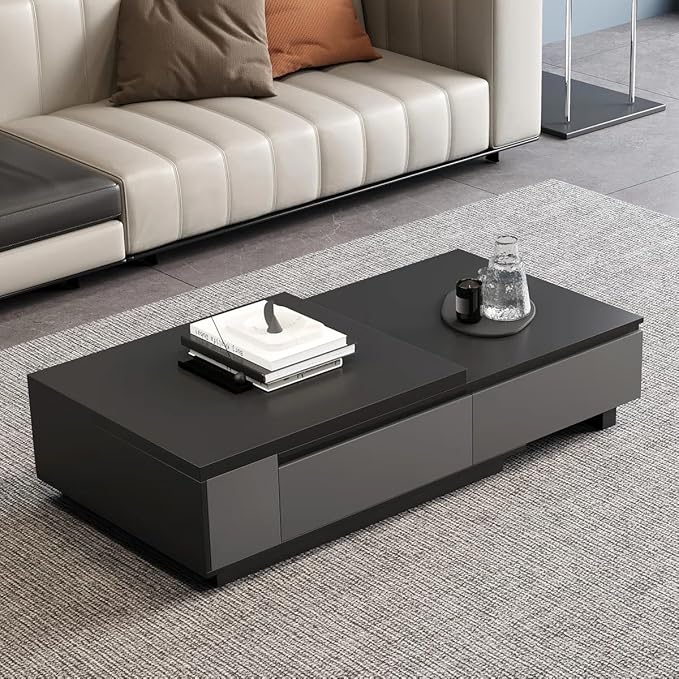 66.14 Inch Coffee Table, Modern Retractable Storage Coffee Table, Rectangular Living Room Table with 4 Drawers Storage for Living Room, Home Office, Black Grey