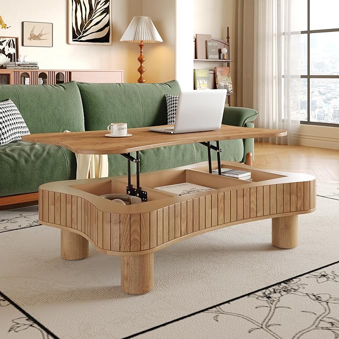 WILLIAMSPACE 42" Lift Top Coffee Table with Hidden Storage, Modern Luxury Wooden Center Table with Silent Hydraulic Lift, Curved Safety Corners, Accent Side Tea Table for Living Room, Light Brown