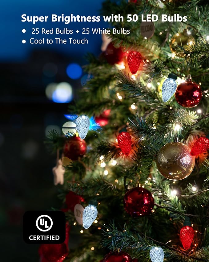 2-Set C7 LED Christmas String Lights, 25.16FT 50 LED Connectable Outdoor Indoor Decorative Light Strand, Red & White Xmas Holiday Lights for House, Christmas Tree, Patio, Party Decoration, UL Listed
