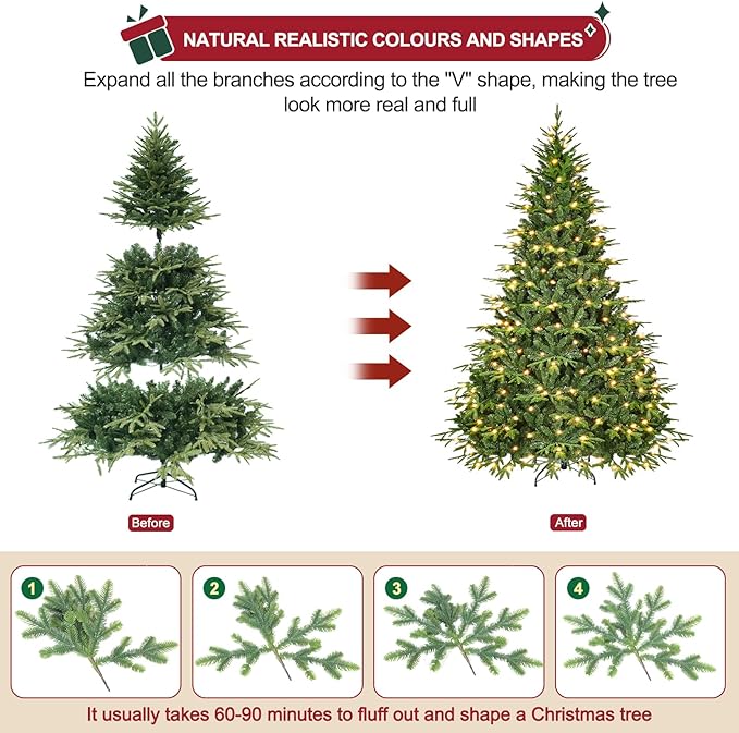 Prelit Artificial Hinged Christmas Tree with Pre-lit 350 Warm White Lights 7.5FT Holiday Tree for Xmas Decoration Metal Hinges, Foldable Base