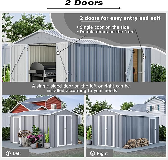 8x12 FT Sheds & Outdoor Storage with Double Doors & Floor Frame Heavy-Duty Metal Outdoor Storage Shed With Vents, Sloping Roof Waterproof Tool Sheds Perfect to Store Patio Furniture, Garden Tools Grey