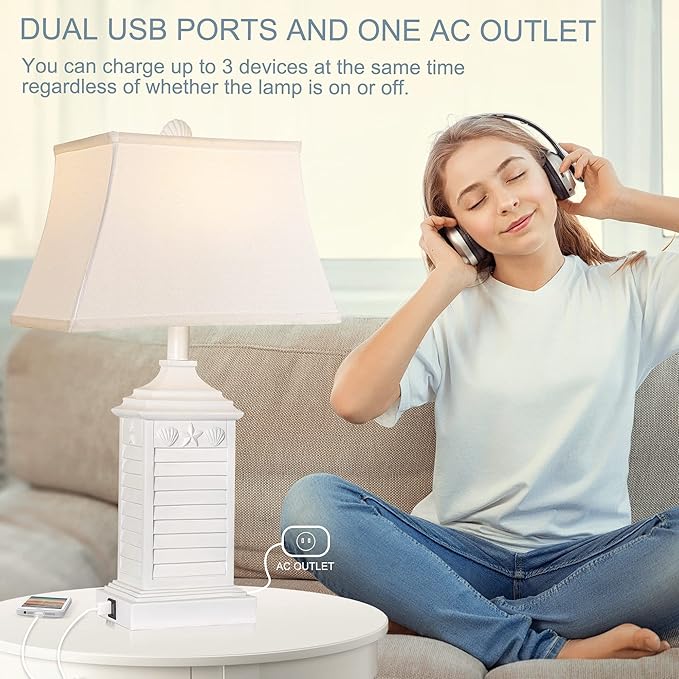 Hamucd Table Lamps for Living Room Set of 2, Coastal White Bedside Lamps for Bedroom with USB A+C Outlet Modern Resin 3-Color Temperature Nightstand Lamp for End Table (Bulbs Included)