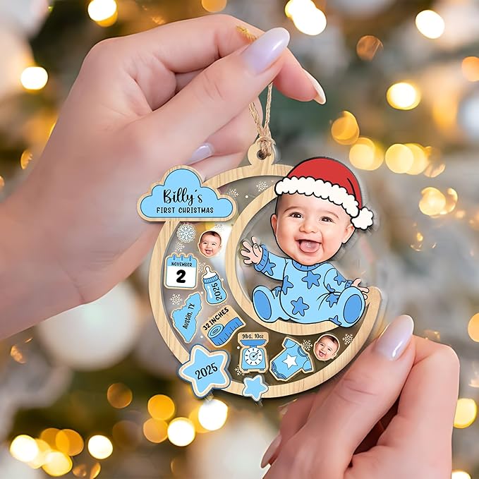 Personalized Baby's First Christmas Shaker Ornament 2025 - Customized Photo Ornament - Custom Birth Stats Keepsake Ornaments - Xmas Tree Decor - Gifts for Christmas