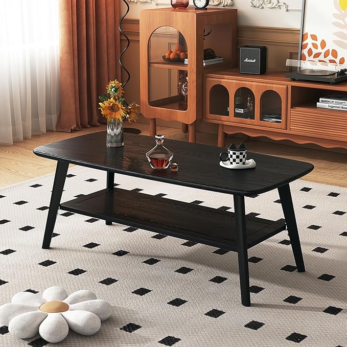 Coffee Table Small Solid Wood Center Table Mid Century Vintage Living Room Coffee Table, Black 47.24 Inch