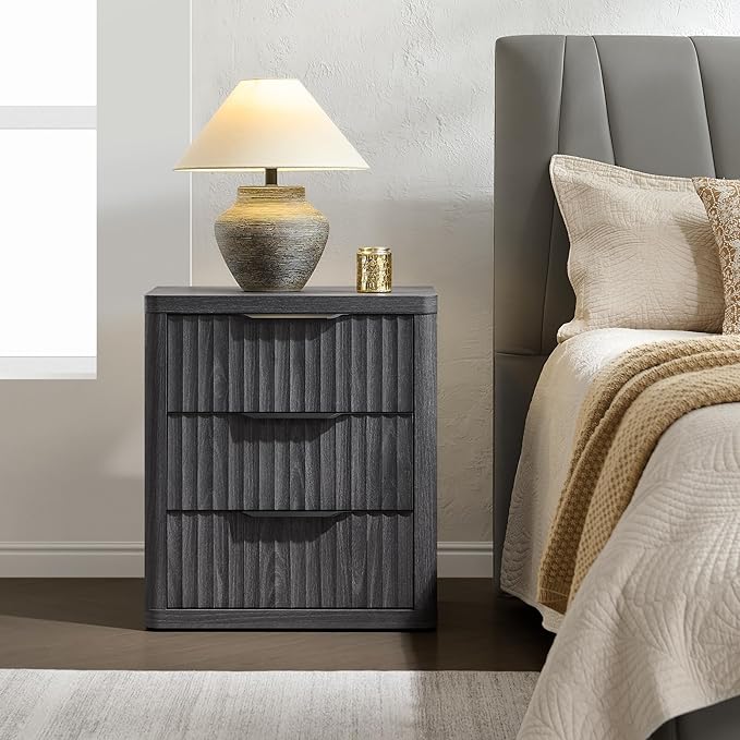 SICOTAS Night Stand Nightstand with 3 Drawers Storage Bedside Table Large Fluted Bed Side End Table Modern 25.6" Tall Wide Night Stands for Bedroom Living Room Sofa Couch Home Office, Dark Grey Alder