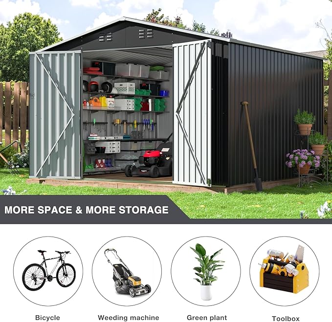 Polar Aurora 10x10 FT Outdoor Storage Shed, Metal Garden Shed with with Updated Frame Structure, Tool Sheds for Backyard Garden Patio Lawn, Black
