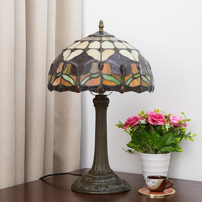 Red Tulip Tiffany Style Stained Glass Table Lamp Bed Room Bedside Reading Desk Light for Living Office Dormitory Bar Retro Unique Cute Accent Decor Cottage 12" Village Gift Nightstand Lamps