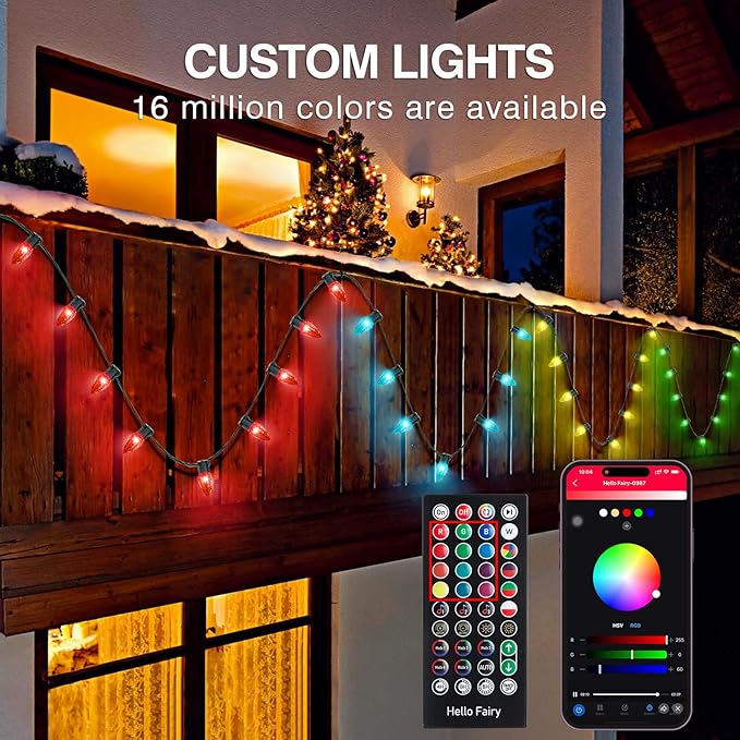 Smart C9 Christmas Lights Outdoor, 78FT 100LED RGB Color Changing String Lights, App&Remote Control, Music Sync, Connectable LED Christmas Tree Lights for Outdoor House Holiday Decoration