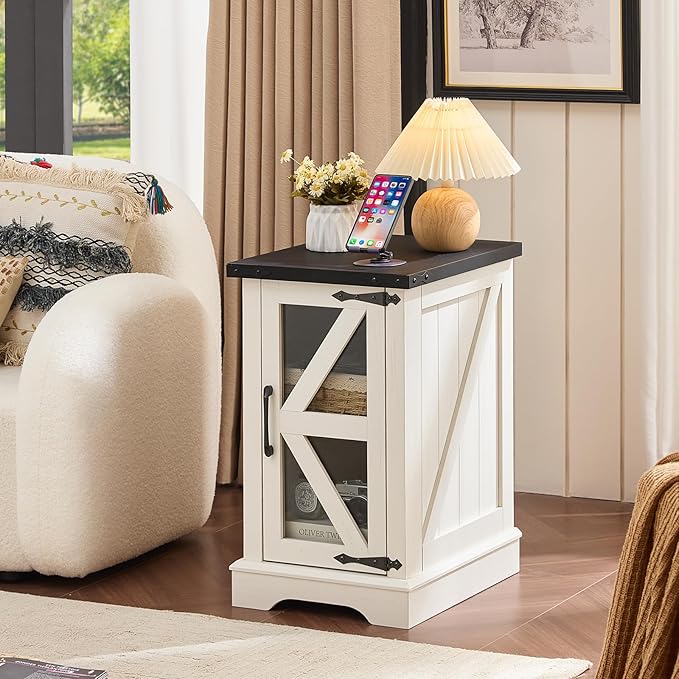 Narrow Night Stand Set 2, Farmhouse Side End Table with Glass Barn Door Storage, Bedside Tables, White Nightstand Cabinet Organizer for Small Spaces Living Room Bedroom