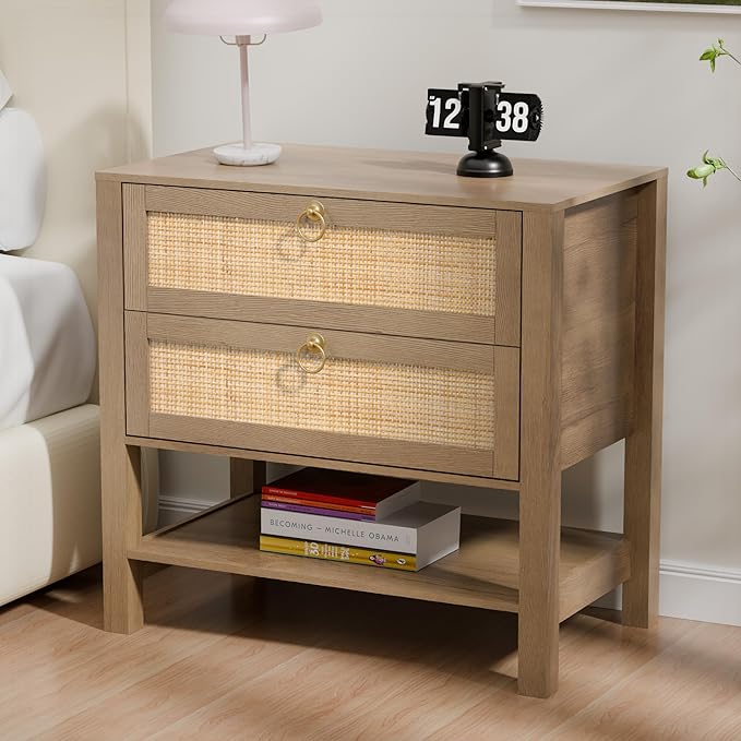 Rattan Nightstand with 2 Drawers and Storage Shelf, 26” Tall Wide Night Stand, Wood Large Bedside Table with Golden Handle for Bedroom, Side Table, Carbon Cherry