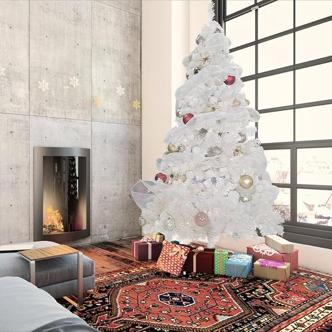 BESTHLS 9 feet White Christmas Tree Artificial Pine Christmas Tree with Metal Stand and Ribbon Decorations 1850 Branch Tips for Indoor Outdoor （9ft White）