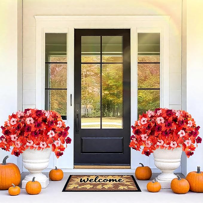 Artificial Fall Fake Flowers Plants for Outdoor Decoration 2PCS No Fade Faux Petunias UV Resistant Realistic Autumn Silk Flowers for Home Garden Balcony Yard Porch Deco (Dark Red)