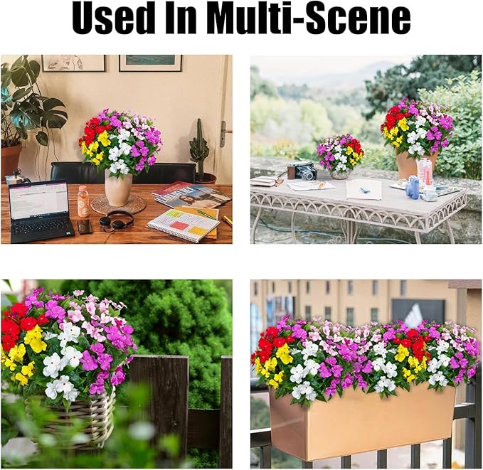 5PCS Artificial Impatiens Bouquet Flowers for Outdoors Silk Faux Flowers Fake Planters UV Resistant Summer Indoor Decor Garden Porch Patio Window Balcony (Mix Pink Red Purple Yellow White)