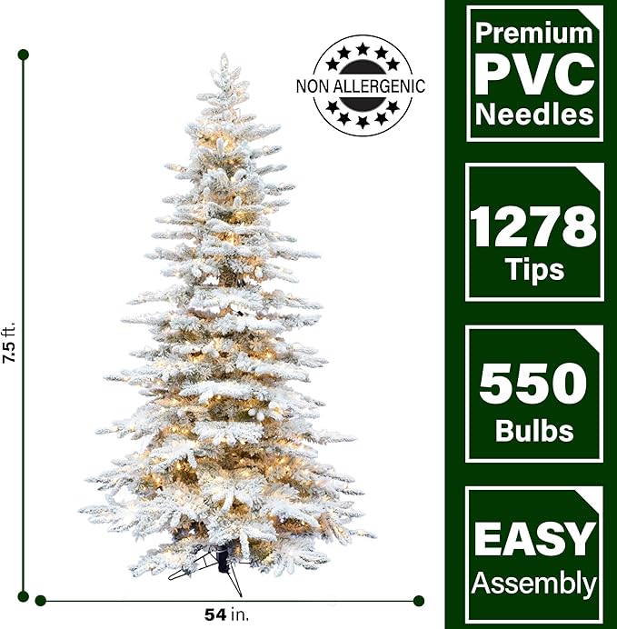 Fraser Hill Farm 7.5-Ft. Pine Valley Flocked Artificial Christmas Tree with Warm White LED Lights and Stand, Prelit Foldable Fake Tree with Realistic Snowy Foliage for Home Decoration