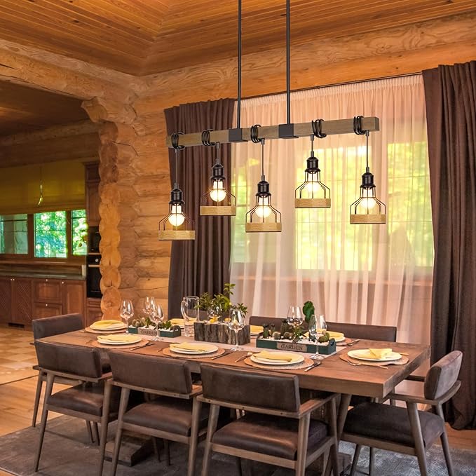 5-Light Dining Room Light Fixture, Rustic Solid Wood Over Table Chandelier, Black Metal Lampshade, Linear Island Light Fixture, 38 Inches x 5.5 Inches x 63 Inches