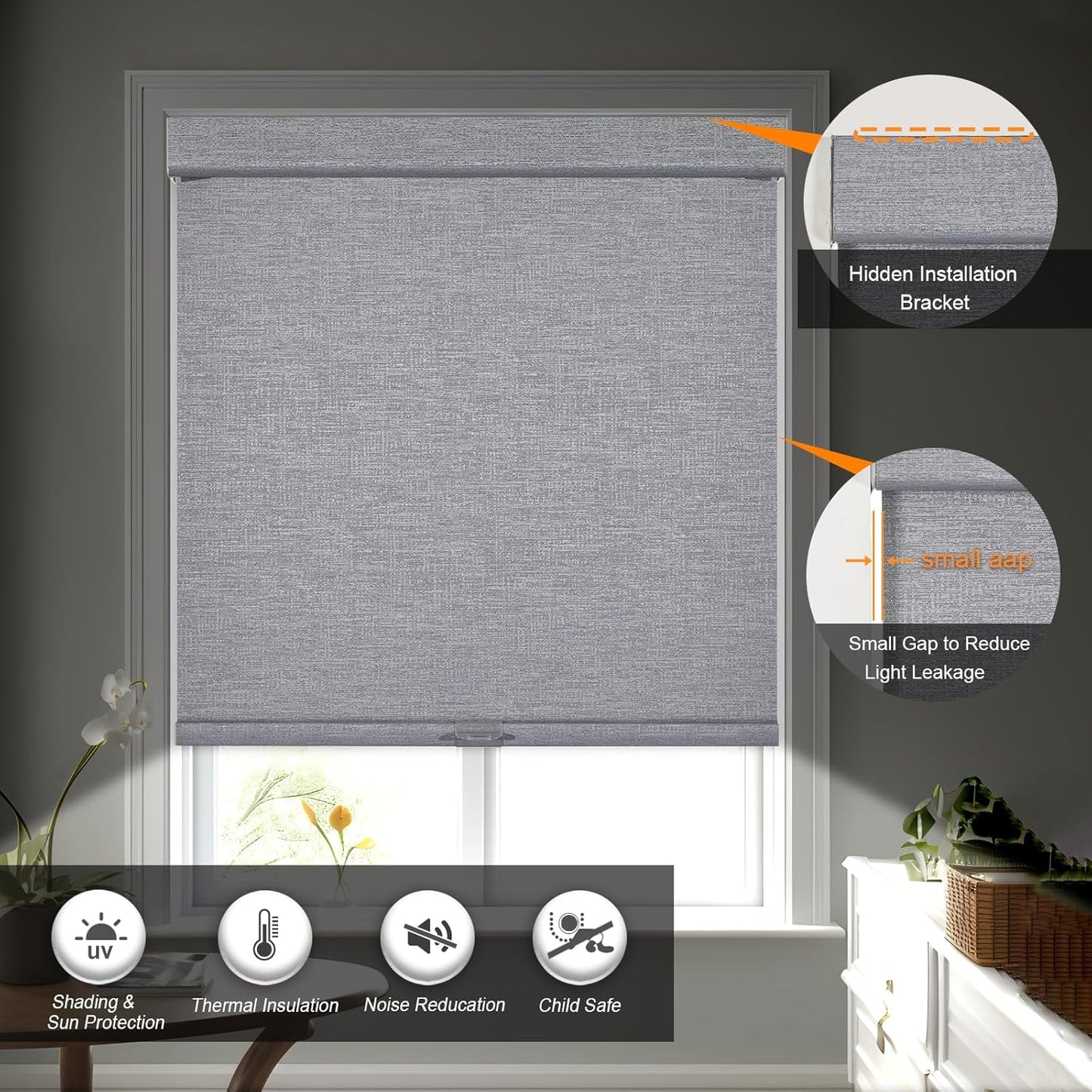Persilux Blackout Roller Shades for Indoor Windows with Upgraded Cassette, Cordless Shades Window Blinds Pull Down for Doors, Easy to Install for Office/Living Room/Bedroom, Grey(51.5" W x 56" H)