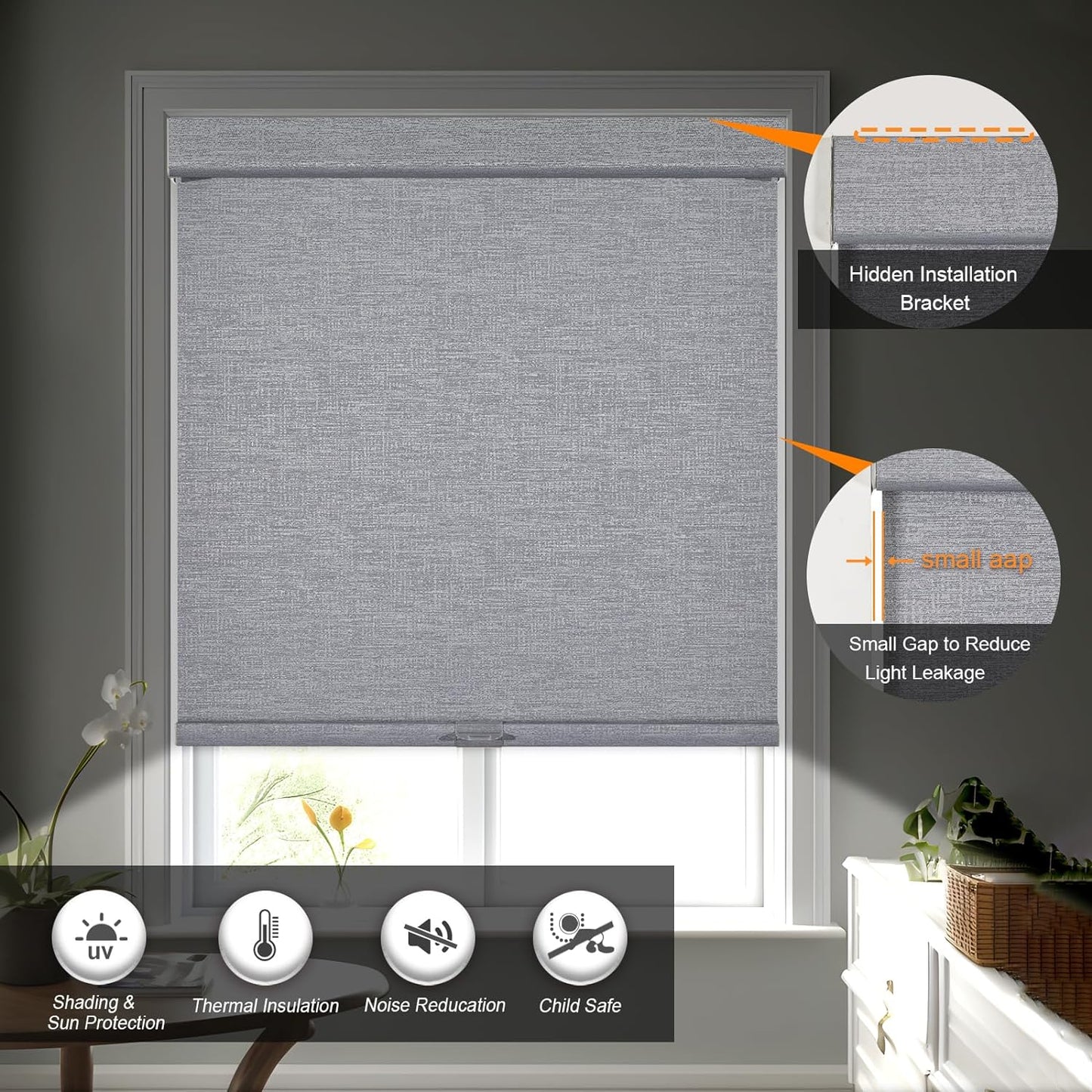 Persilux Blackout Roller Shades for Indoor Windows with Upgraded Cassette, Cordless Shades Window Blinds Pull Down for Doors, Easy to Install for Office/Living Room/Bedroom, Grey(52" W x 48" H)