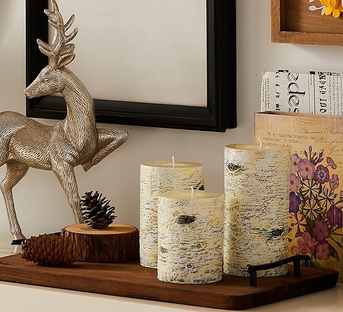 MOZEAL Hand-poured Unscented Candle,Dripless Pillar Candle set of 3,Includes 4", 5" and 6",approx 300 hours Burn Time,Rustic Country Style,for Wedding,Dinner,Christmas,Restaurants and Home decor,Birch