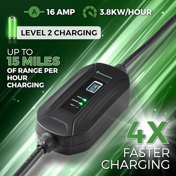 PRIMECOM Level 2 Electric Vehicle (EV) Charger (220V / 240Volt, 16Amp) Portable EVSE Smart Electric Car Charger, 30', 40', and 50 Feet Lengths (NEMA 10-50P, 35 Feet)