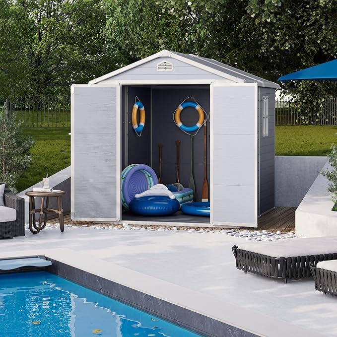 6 X 8FT Storage Shed Plastic Outdoor Storage Shed Waterproof Outdoor Shed with Lockable Door and Transparent Window for Garden, Lawn, Backyard