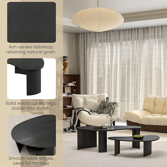 Black Coffee Table Set of 2, Nesting Coffee Tables with Wood Grain Veener, Simple Modern Cloud Shaped Center Table for Living Room
