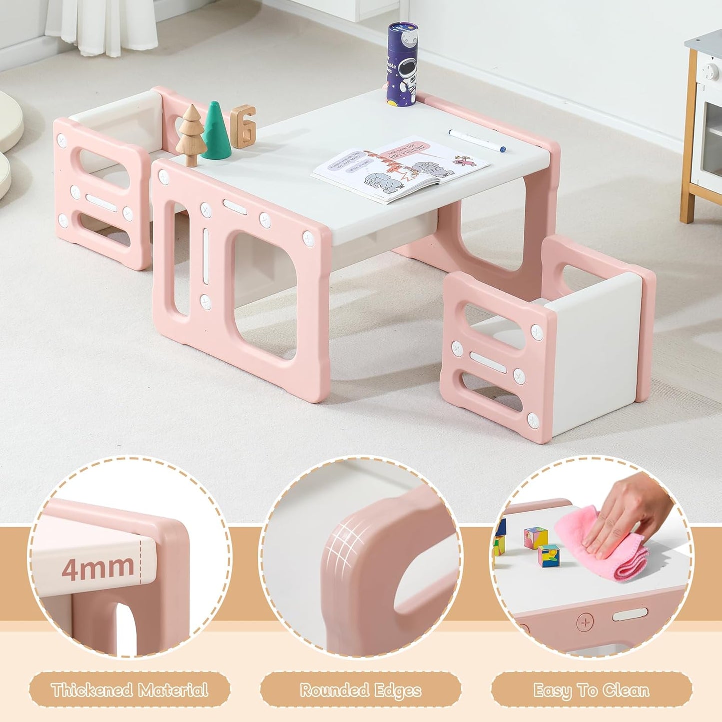 3 in 1 Montessori Weaning Table and 2 Chairs Set, Kids Desk and Chair Set, 2 Height Levels, Toddlers Activity Table for Drawing, Dining, Reading and Playing, Pink