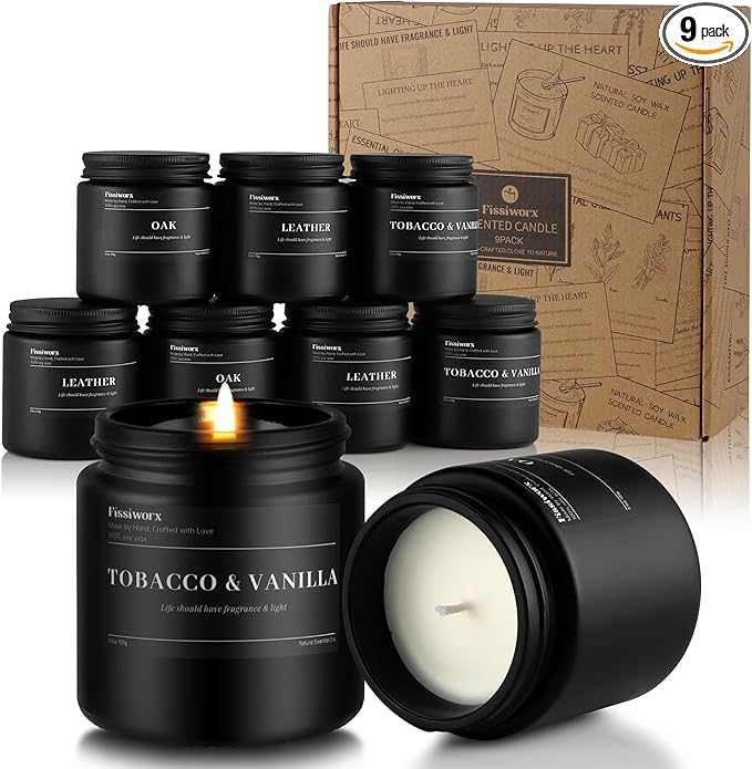 9 Pack Scented Candles Set Gifts for Men, Aromatherapy Candle Set with Scents (Leather/Vanilla/Oak) - Gift for Dad, Boyfriend, Birthday, Father’s Day, Christmas Gift, Christmas Gifts