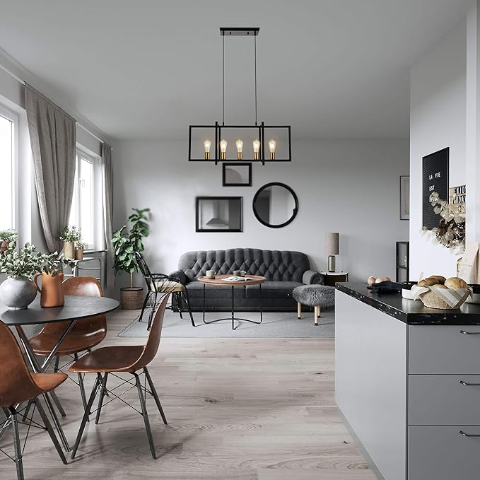 SomSom Modern Kitchen Island Light for Kitchen Pendant Chandelier 5-Light Ceiling Light Industrial Pendant Lighting Fixture Matte Black with Antique Brass Finish