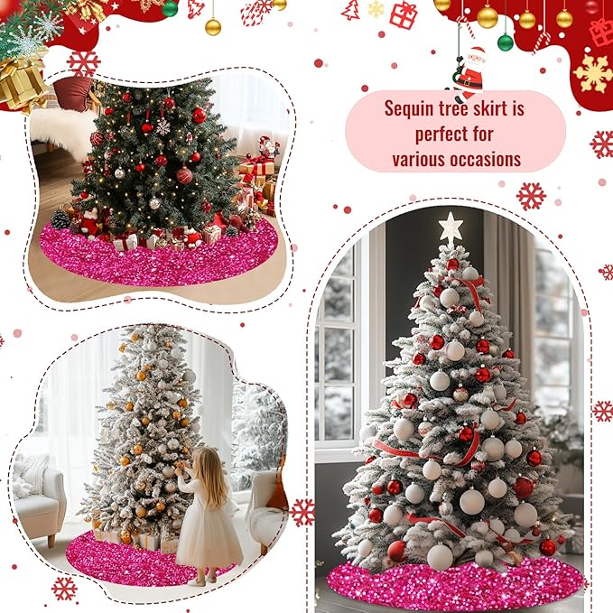 Hot Pink Christmas Tree Skirt 46 inch Sequin Velvet Tree Skirts Large Christmas Tree Skirt Fuchsia Round Tree Skirts for Artificial Trees Sparkle Christmas Tree Base Cover Holiday Party Decor
