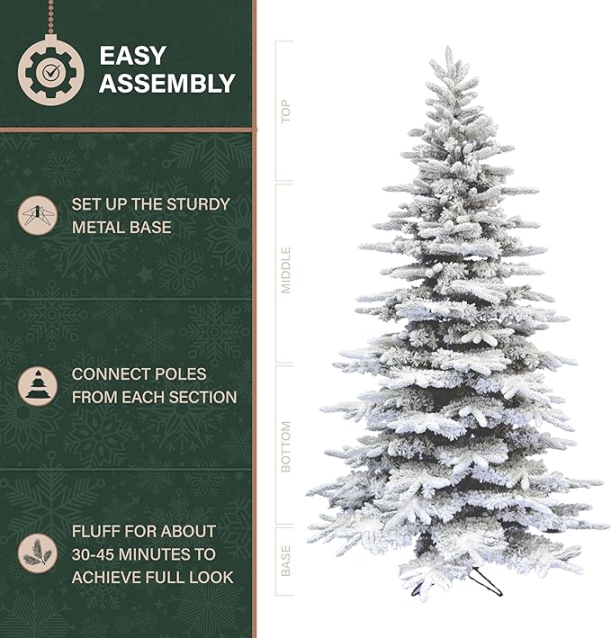Fraser Hill Farm Pine Valley Flocked Christmas Tree, 6.5 Feet Tall | Holiday Tree with Metal Base Perfect Home Decor | Snowy Xmas Tree with No Attached Lights | FFPV065-0SN