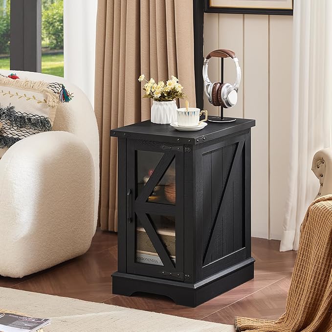 Narrow Night Stand Set 2, Farmhouse Side End Table with Glass Barn Door Storage, Bedside Tables, Black Nightstand Cabinet Organizer for Small Spaces Living Room Bedroom