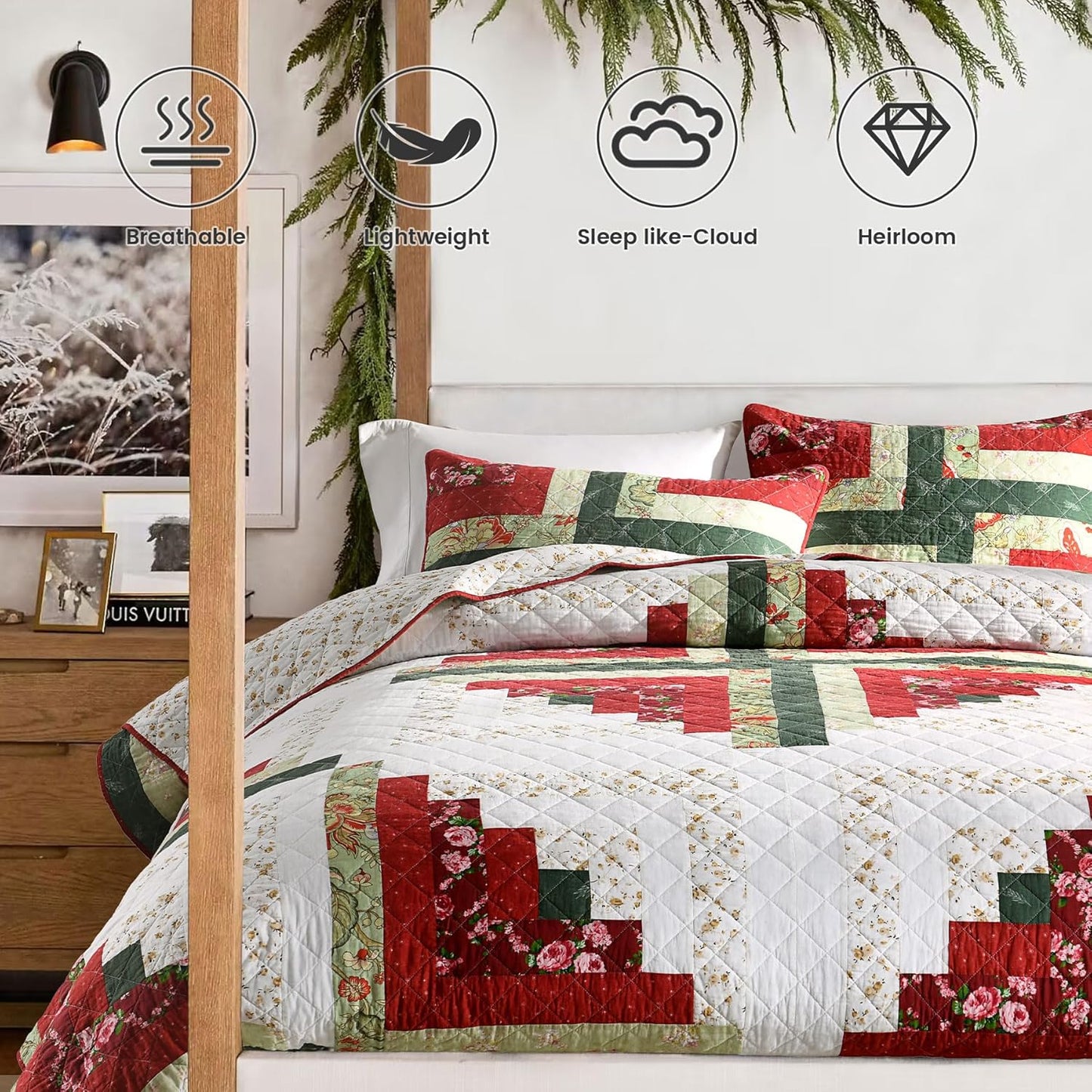 Secgo Handmade Quilted 100% Cotton King Comforter Set for Bed - 100% Cotton Quilts King Size, Black Bedspreads (96 * 108 Inch) with 2 Pillow Shams, Patchwork Reversible Lightweight Bedding