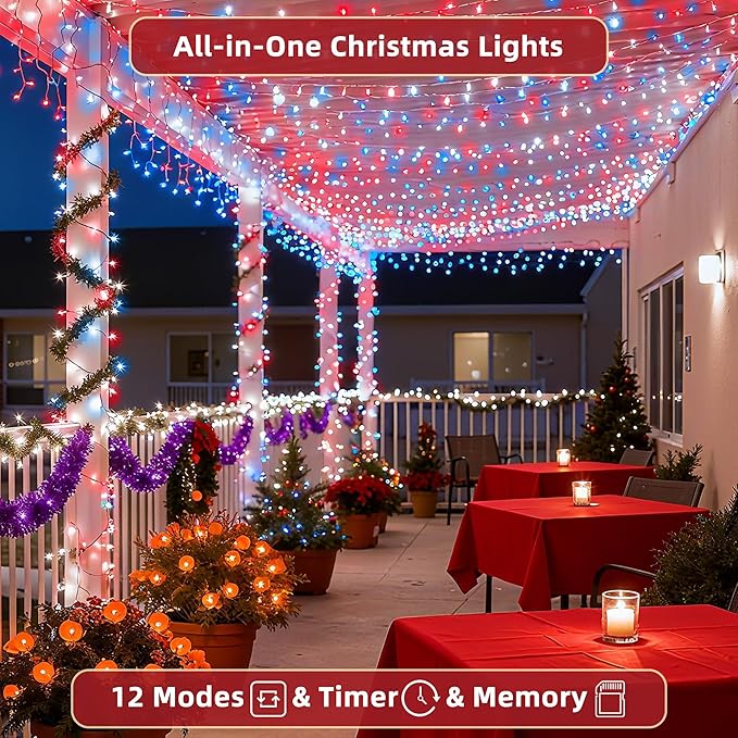 240FT Christmas Lights Outdoor, 750 LED Christmas Tree Decoration Lights with 12 Modes & Timer Memory, Dimmable Plug In Waterproof LED Xmas Light for Yard Wedding Party Holiday Red White & Blue