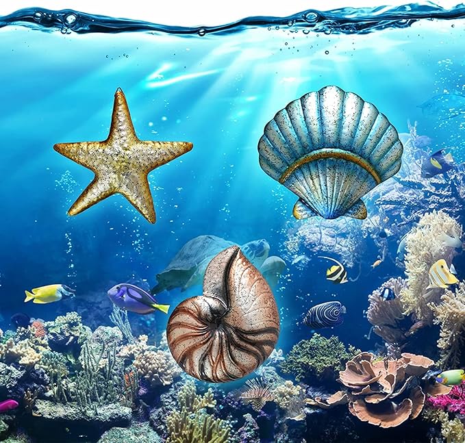 Weibefee 3 Pcs Metal Beach Wall Decor Sea Star Shell Conch Metal Christmas Decor Ocean Theme Marine Coastal Bathroom Christmas Decorations Gift Rustic Cottage Nautical Wall Art for Office Home Living Room Nursery Room