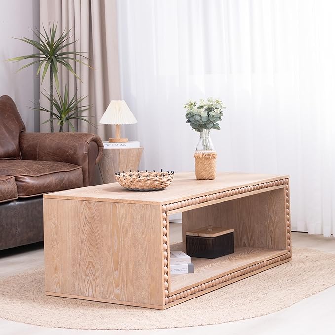 Rectangular Coffee Table with Real Wood Beads, Rustic Wooden Center Table with Open Storage Shelf, Farmhouse Tea Table for Living Room Apartment Office,47.6" L x 23.7" W x 17" H