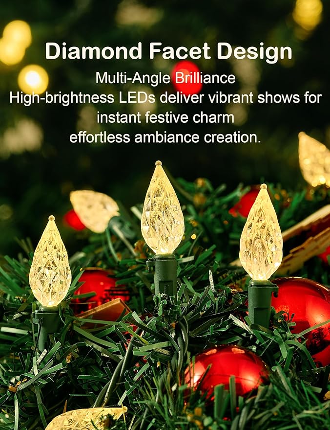 BOHON Christmas Lights Outdoor, Faceted C6 50ft 100 LED String Lights Plug in, Extendable Green Wire Christmas String Lights for Indoor Patio Xmas Tree Decoration (Warm White)