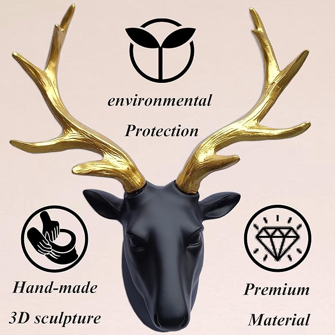 JoyEvy Deer Head Wall Decor-Wall Sculpture Resin Deer Head Gold Antler Faux Skull-Handmade Wall Art Hanging Rustic Animal Cottage Decor Home Cottage (9.5"*11")