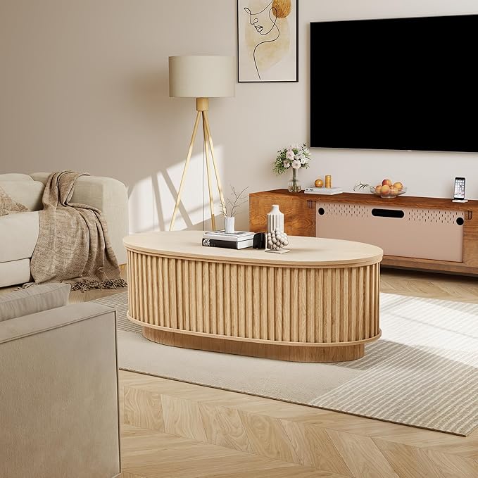43.3'' Fluted Coffee Table with Hidden Storage Compartment, Mid Century Modern Oval Lift Top Coffee Table, Wooden Center Table Converts to Dining Tables for Living Room, Apartment (Natural)