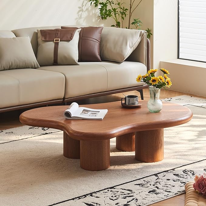 48 Inch Cloud Coffee Table, Modern Walnut Coffee Table for Living Room, Large Wood Coffee Side Table with Irregular Tabletop and 4 Sturdy Legs for Home Office Bedroom