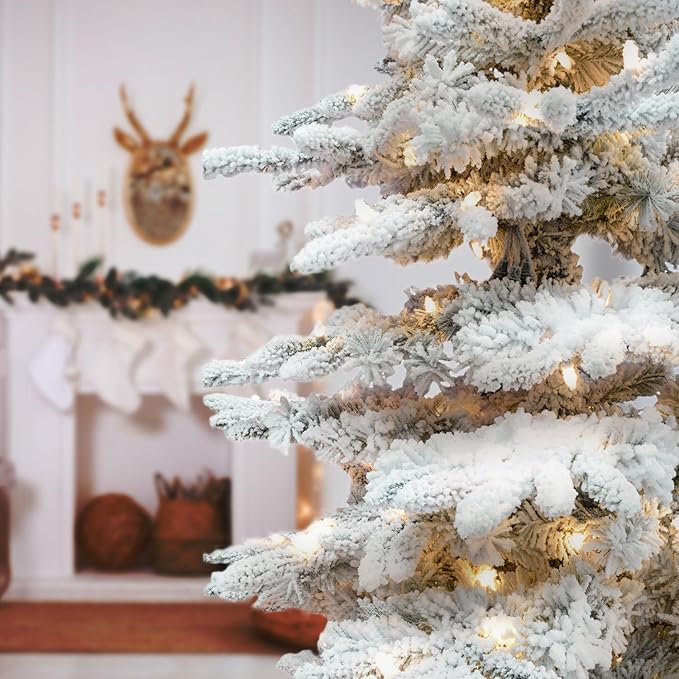 Fraser Hill Farm 10-Ft. Pine Valley Flocked Artificial Christmas Tree with White Incandescent Smart Lights and Stand, Prelit Foldable Fake Tree with Realistic Snowy Foliage for Home Decoration