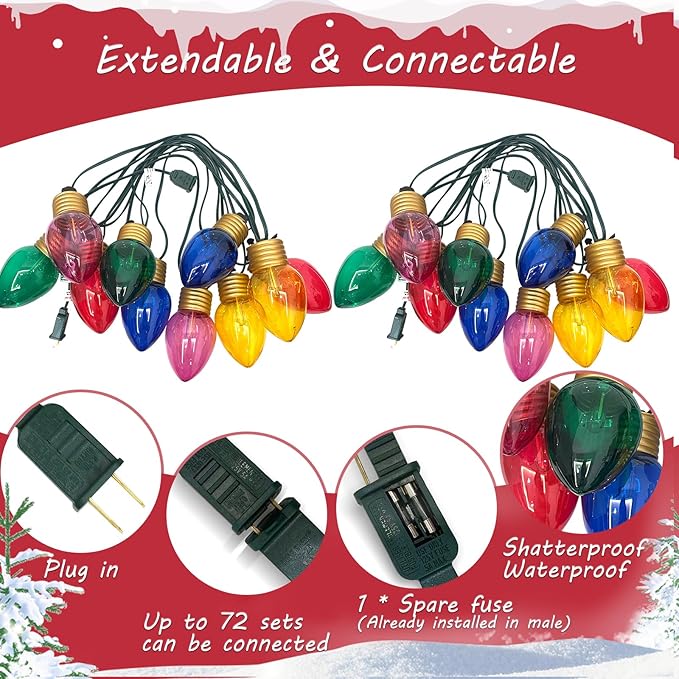 16Ft Jumbo LED Multicolor Christmas String Lights Outdoor with 10 C7 Clear Jumbo Multicolor Bulb, Connectable Hanging Christmas Lights for Indoor Outdoor Porch Patio Eave Xmas Trees Roof Decorations