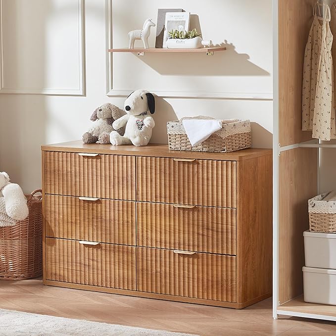 LEYAOYAO Fluted 6 Drawers Dresser Set of 2, 48" Wide Modern Chest of Drawers with Wood Grain Top, Curved Profile Design, Dresser TV Stand, Wooden Drawer Organizer for Bedroom, Living Room,Brown