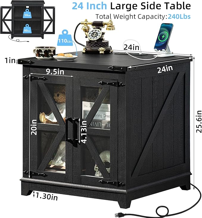 Farmhouse End Table, 24" Large Sofa Side Table with Charging Station Glass Barn Door, Wood Nightstand with Adjustable Storage Shelf, Square Bedside Table for Living Room, Bedroom