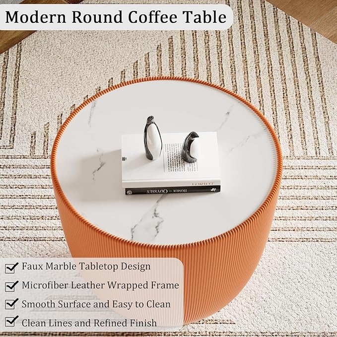 19.69" Orange Round Coffee Table, Drum Coffee Table with Sintered Stone Tabletop and Fluted PU Leather Covered and Metal Base, Circle Cocktail Tea Table for Living Room