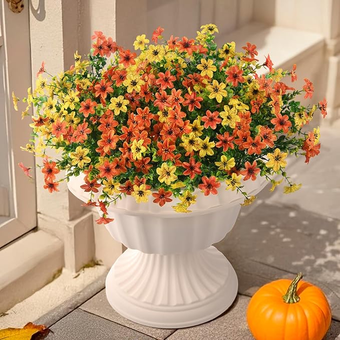 Artificial Mums Fake Fall Flowers for Outdoors Decoration, 12 Bundles Realistic Autumn Silk Daisy Faux Plants UV Resistant Decor for Home Garden Porch Patio Yard Balcony Window (Orange Yellow)