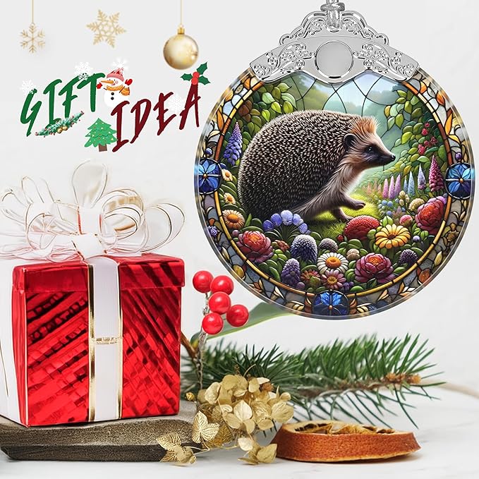 Stained Glass Hedgehog Christmas Ornament - Holiday Home Decor - Tree Decoration - Gift Exchange Idea