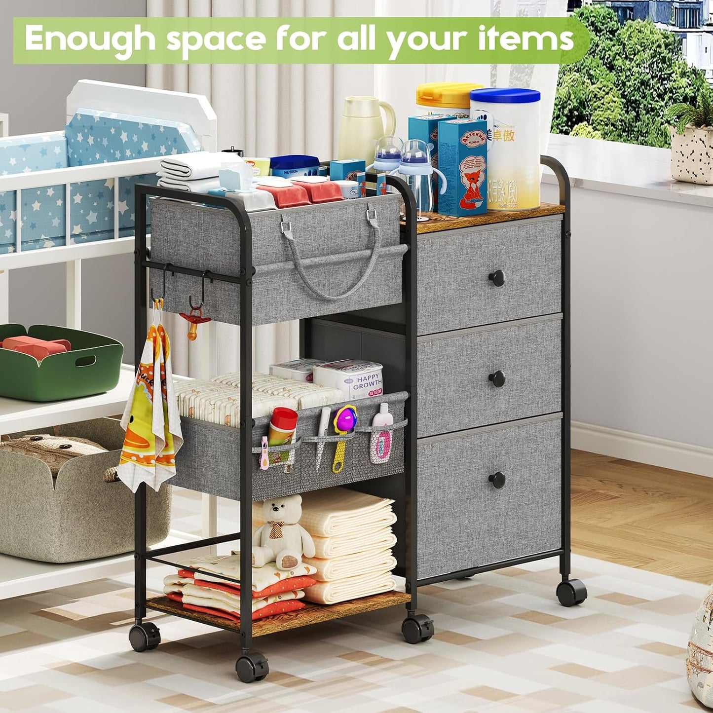 2In1 Baby Diaper Caddy Organizer and Storage, 3 Tier Rolling Cart with Dividers and Drawers, Mobile Utility Cart Baby Dresser Clothes Organizer for Changing Table, Crib Nursery, Bedroom, Grey