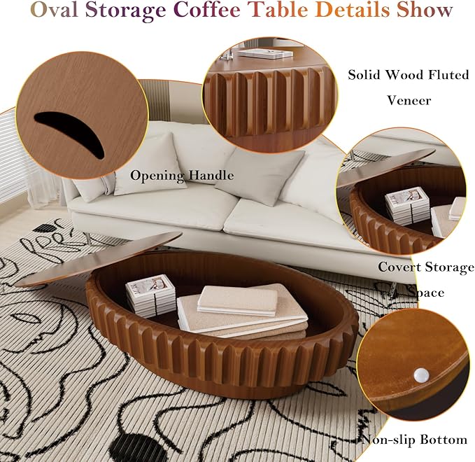 43.3" Oval Drum Coffee Table with Storage Retro Rustic Center Tables - Solid Wood Handcrafted Relief Veneer for Farmhouse Apartment (C Oval 43.3in)