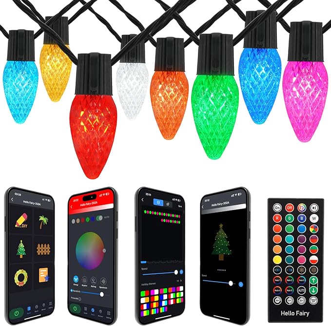 Gemce Smart C9 Christmas Outdoor Lights, 66FT 100 LEDs, APP Remote Controlled RGB String Lights, DIY Chasing Xmas Lights, Color Changing with Timer & Music Sync for Holiday Xmas Tree Decoration…